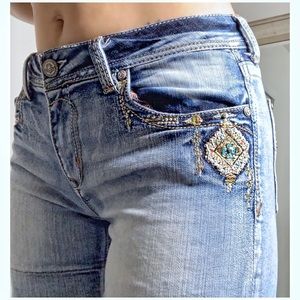 Tribal print beaded denim shorts